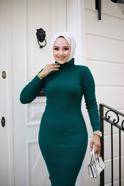 HİRA LİFE FASHİON Скромна рокля с рибарска яка, плетена, с тясна кройка