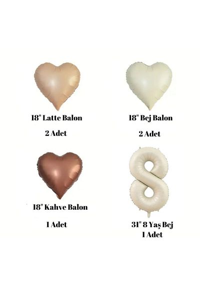 Konsept Sepeti 8 Years Old Retro Beige - Latte and Coffee Colored Balloon Birthday Set