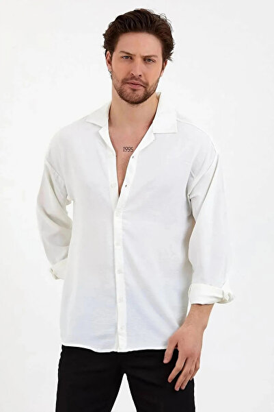 BUPPO Men's Summer Shirt - White, Oversize, Textured, LonG Sleeve, Loose Fit