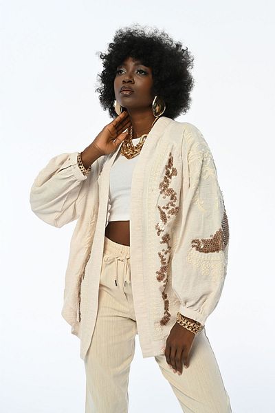 Orfeo Negro WOMEN'S FRONT AND ARM PAYET EMBROIDERED KIMONO JACKET