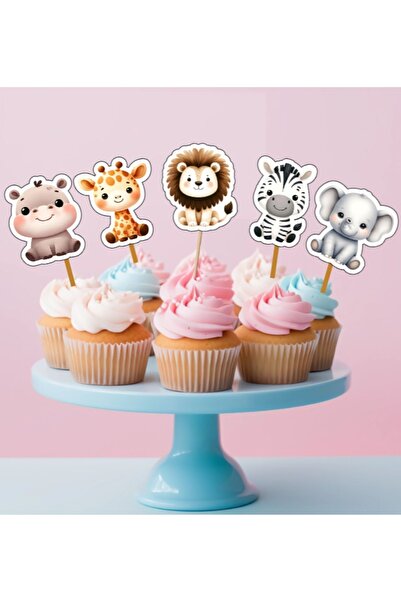 Hiras Dizayn 15Adet Safari Orman Hayvanları Konsept Cupcake Doğum Günü Süsü P...