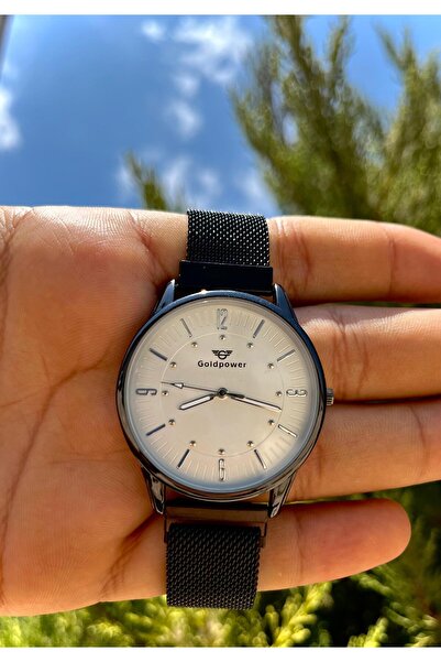 Goldpower Hasır Mıknatıslı Kordon Lüks Siyah Renk Erkek Kol Saati