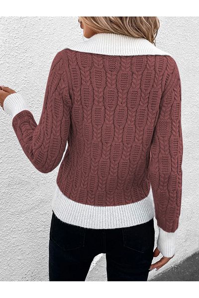 AQE FASHION Плетен дамски пуловер с V-образно деколте и канелена шарка