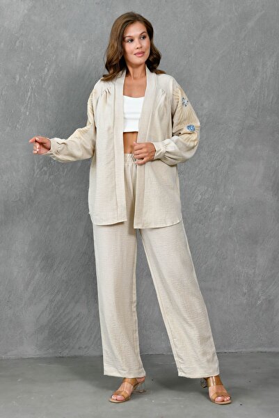 bayansepeti High Waist and Pocket Sequin Embroidered Long Sleeve Shirt and Trousers Beige Set 201