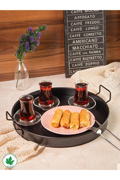 LİNMETAL Pilea 37cm Metal Tepsi, Tel Kulplu Yuvarlak Çay Tepsisi, Sunum Tepsi...