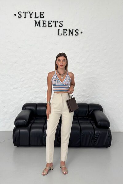 OUZ Fashion Kadın Keten Yüksek Bel Pensli Pantolon