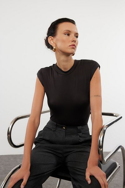 Trendyol Collection Flexible Fitted Knitted Body - Black, Long Sleeve, Stand Collar TWOAW25BD00003