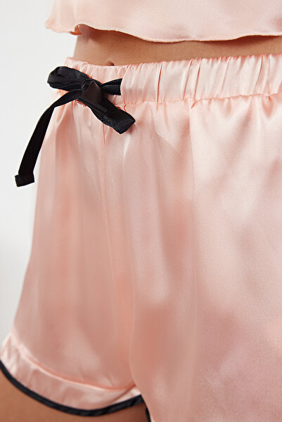 Trendyol Collection Woven Pajamas Set with Salmon Piping and Ribbon/Bow/Binding Detail Satin Shorts Thmss24Pt00089
