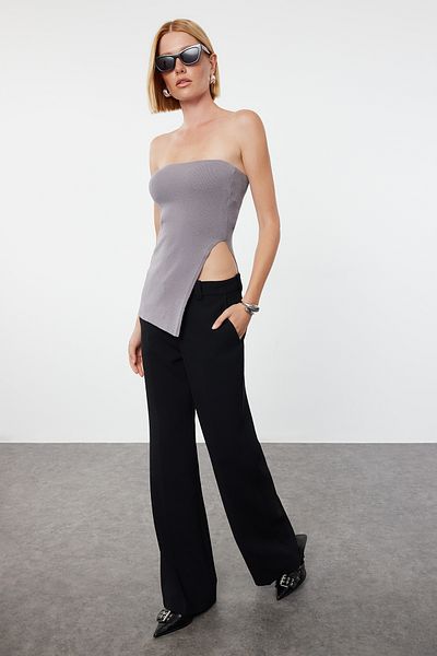 Trendyol Collection Στράπλες Premium Μπλούζα - Ανθρακί, Λεπτομέρεια με σχισμή, Ειδικό νήμα TWOAW24BZ00131