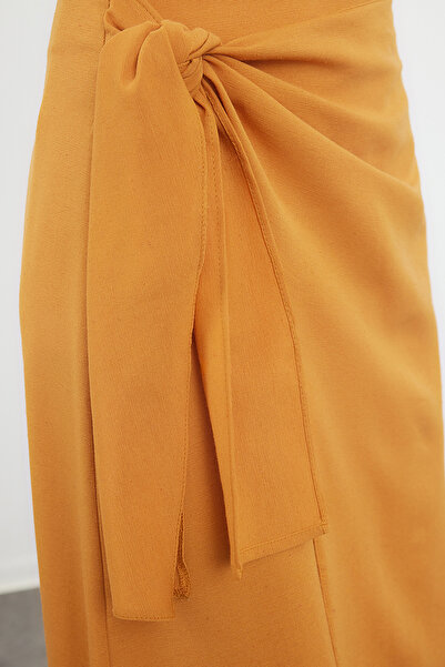 Trendyol Modest Cinnamon Linen Look Woven Skirt - Double Breasted and Tie Detailed TCTSS24EE00002