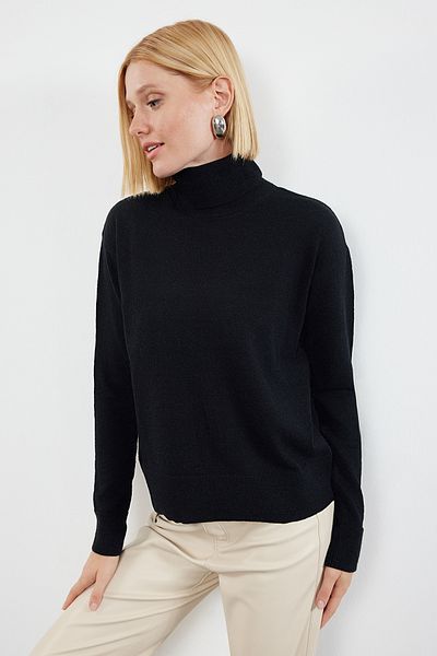 Trendyol Collection Pulover de tricotaj cu gât țesut pentru cuplu de lână neagră TWOAW25KZ00026