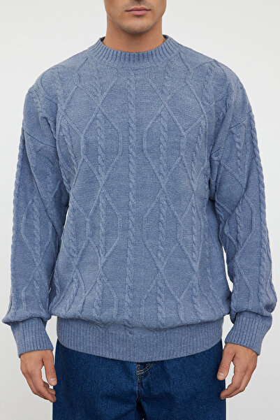 Trendyol Collection Pulover tricotat de păr albastru supradimensionat cu gâtul turnat TMNAW24KZ00003