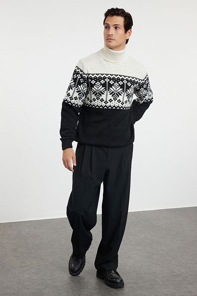 Trendyol Collection Μαύρο κανονικό μάλλινο ζιβάγκο έθνικ πλεκτό πουλόβερ TMNAW22KZ0296