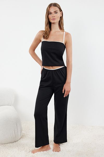Trendyol Collection Set pijamale tricotate cu curele din dantelă din bumbac negru THMSS24PT00396
