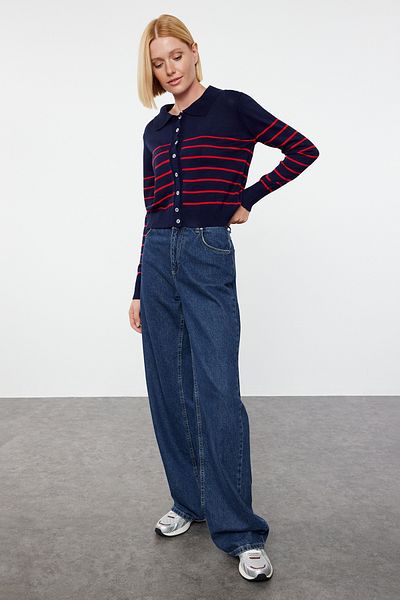 Trendyol Collection Polo gallér sötétkék csíkos kötöttáru kardigán - TWOAW22HI0241