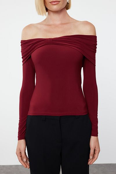 Trendyol Collection Bluză tricotată Bordeaux flexibilă - mânecă lungă, detaliu drapat, potrivire pe corp TWOAW25BZ00018