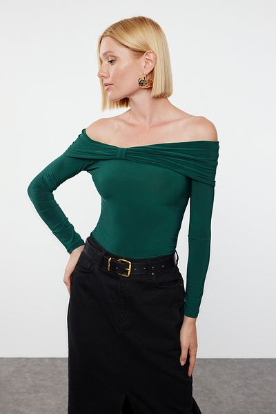 Trendyol Collection Flexible Knitted Blouse - Long Sleeve, Emerald Green, Drape Detail, Fitted TWOAW25BZ00018