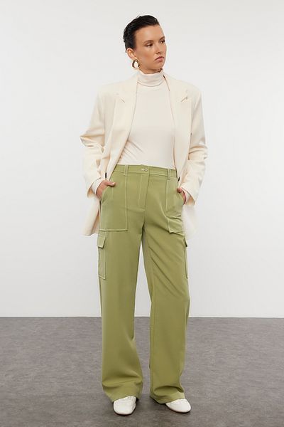 Trendyol Collection Oil Green Cargo Wide Leg Contrast Stitching Detail Woven Pants Twoss21Pl0288