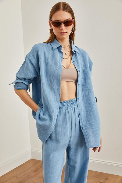 Olalook Baby Blue Oversize Muslin γυναικείο πουκάμισο - GML-19001217