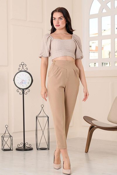msendam Women's Single Side Belt Detailed Back Waist Part Elastic Front Double Pleated High Waist Pocket Carrot Fabric