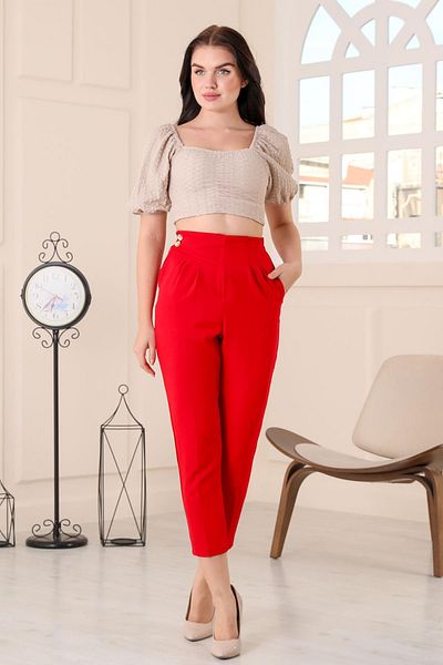 msendam Women's Single Side Belt Detailed Back Waist Part Elastic Front Double Pleated High Waist Pocket Carrot Fabric