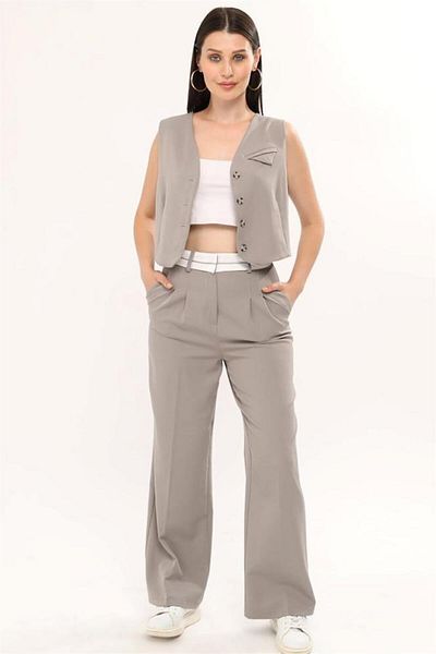 msendam Women's Reverse Belted Vest Palazzo Set Trousers - Gray