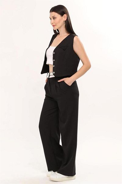 msendam Women's Reverse Belted Vest Palazzo Suit Trousers - Black