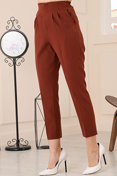 msendam Women's Single Side Belt Detailed Back Waist Part Elastic Front Double Pleated High Waist Pocket Carrot Fabric