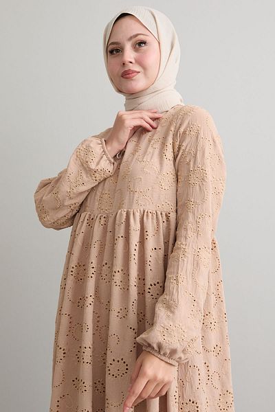 InStyle Beige Patterned Tasseled Embroidery Dress