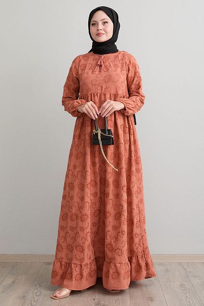 InStyle Κεντητό Φόρεμα Πλακάκι - Με Μοτίβο και Φούντες