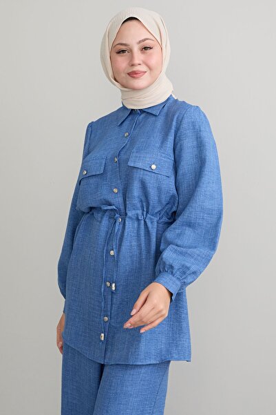 InStyle Tünel Kemerli Mavi Keten Takım