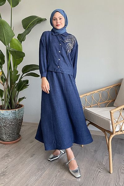 InStyle Navy Blue Linen Set - Bead Detailed Skirt