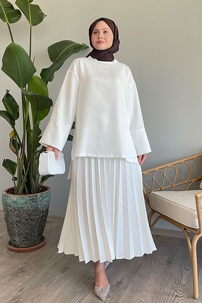InStyle طقم بدلة تنورة بأكمام فضفاضة بيضاء