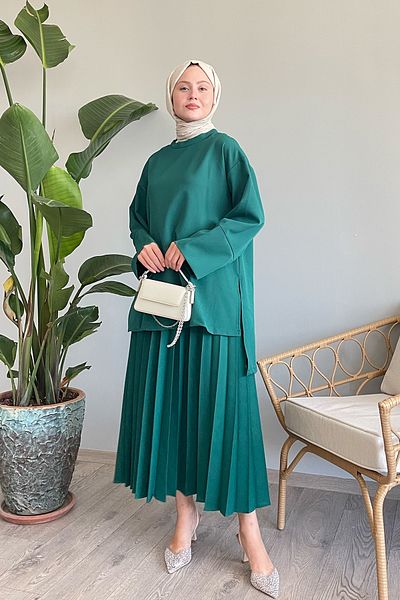 InStyle Emerald Green Casual Sleeve Skirt Suit
