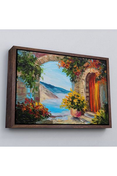 Harita Sepeti Framed Sea View House between Colorful Flowers Wall Painting-3636