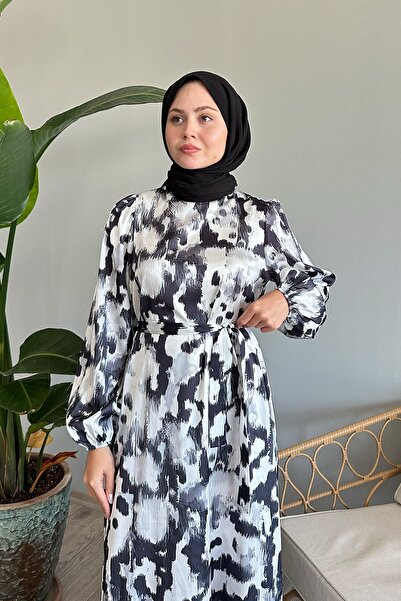 InStyle Fırça Desenli Siyah Saten Elbise