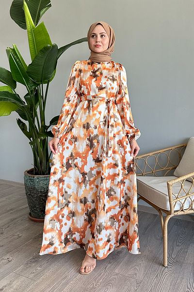 InStyle Πορτοκαλί Σατέν Φόρεμα - Μοτίβο με πινέλο