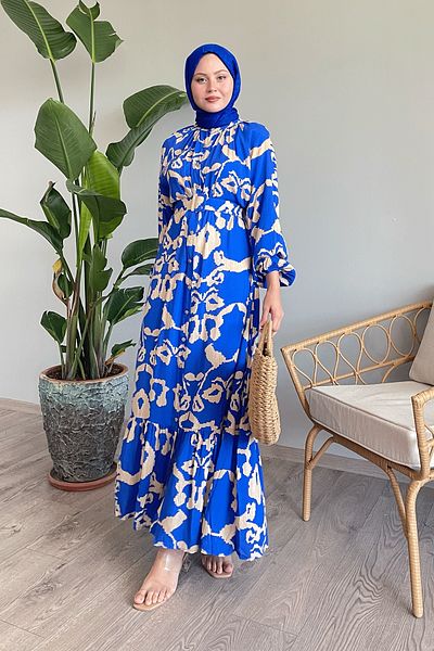 InStyle Rochie albastră cu nasturi cu flori fragmentate