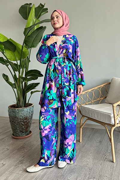 InStyle Çiçekli Viskon Mor İkili Takım