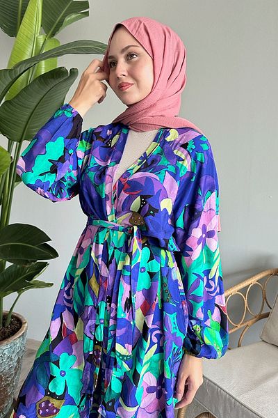 InStyle Purple Viscose Flower Patterned Double Set
