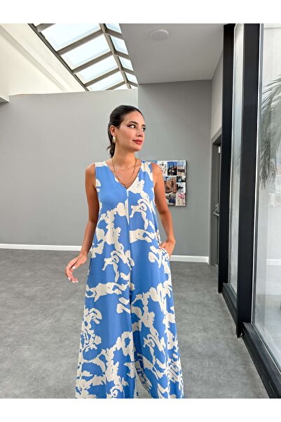 ESRAHELVACI Zero Sleeve V-Neck Patterned Jumpsuit