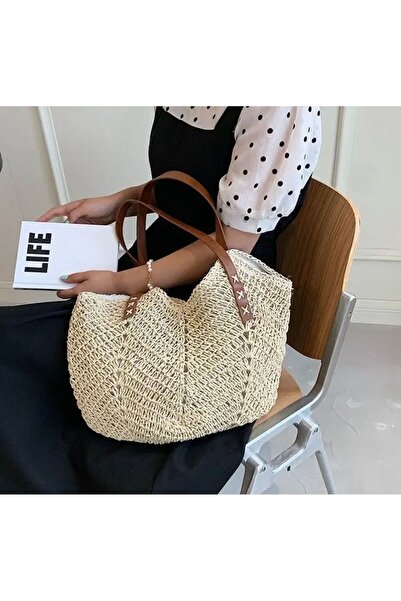 hasır bohem حقيبة كتف من القش والبوهيمي بتفاصيل جديلة من القش