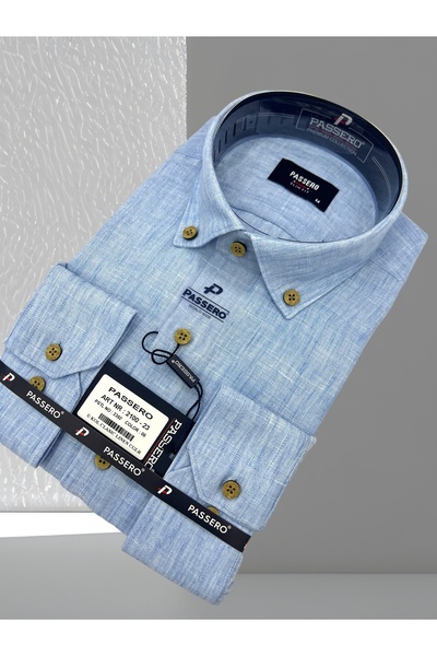 PASSERO Λινό πουκάμισο με μακριά μανίκια και λεπτή εφαρμογή - Σχέδιο με επιλέγμενα λεπτομέρειες