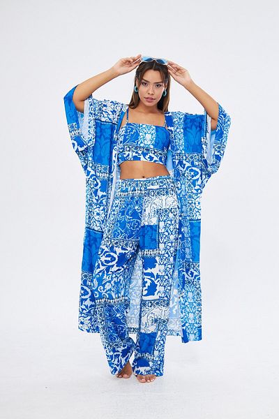 The Champ Clothing Set 3 piese cu kimono și bustieră cu imprimeu albastru - MĂTASE MEDINA
