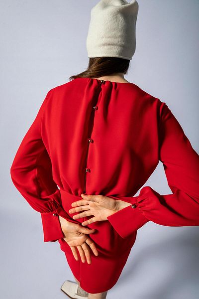 KAMEYA Red Mini Dress with Front Tie Back Button Closure