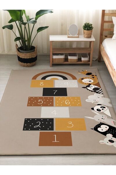 Evmila Dijital Baskılı Kaymaz Taban Yıkanabilir Seksek Desenli Çocuk Ve Bebek...