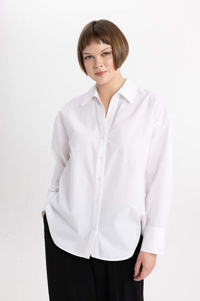 DeFacto Long Sleeve Poplin Shirt - Oversize Collar, 100% Cotton