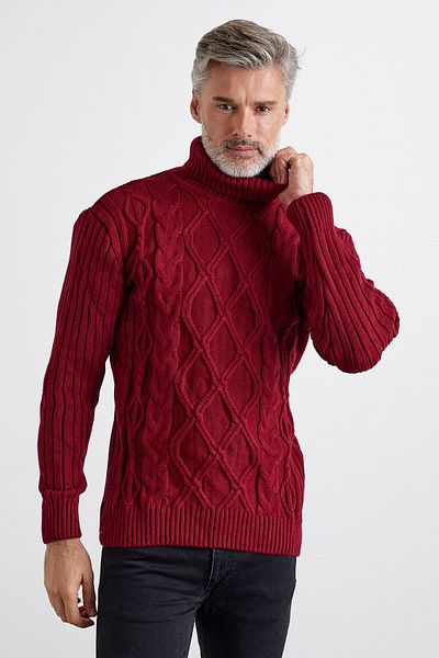 Livio Ferri Men's Diamond Patterned Hair Braided Ribbed Fisherman Full Sweater