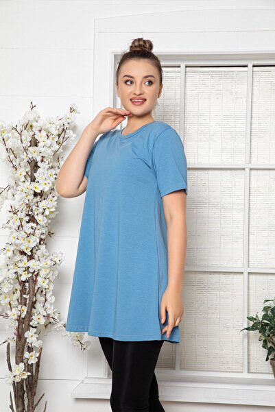 MyBen Kadın Mavi Kısa Kol Pamuklu Bisiklet Yaka Penye Tunik-içlik Slm03