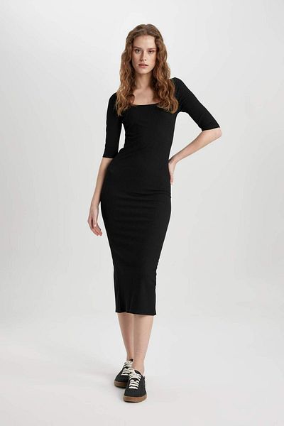 DeFacto Ριμπ Τετράγωνο γιακά Bodycon Μίντι Φόρεμα - Μακρυμάνικο B2438ax23sp